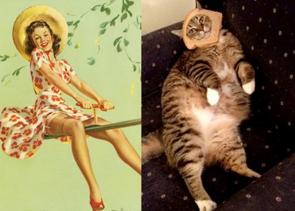 Картинки в стиле пин-ап. Девушка и котик верхом на метле