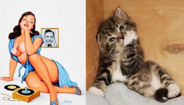 Картинки в стиле пин-ап. Девушка и котик мечтают