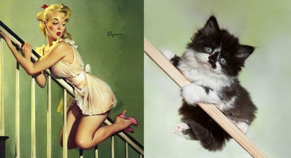 Картинки в стиле пин-ап. Девушка и котик на перилах