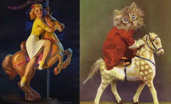 Картинки в стиле пин-ап. Котик и девушка наездники